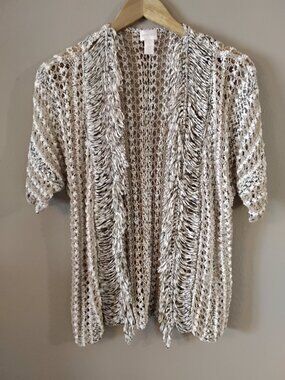 Chico's Open Knit Cardigan Short Sleeve with Fringe Detail, Medium